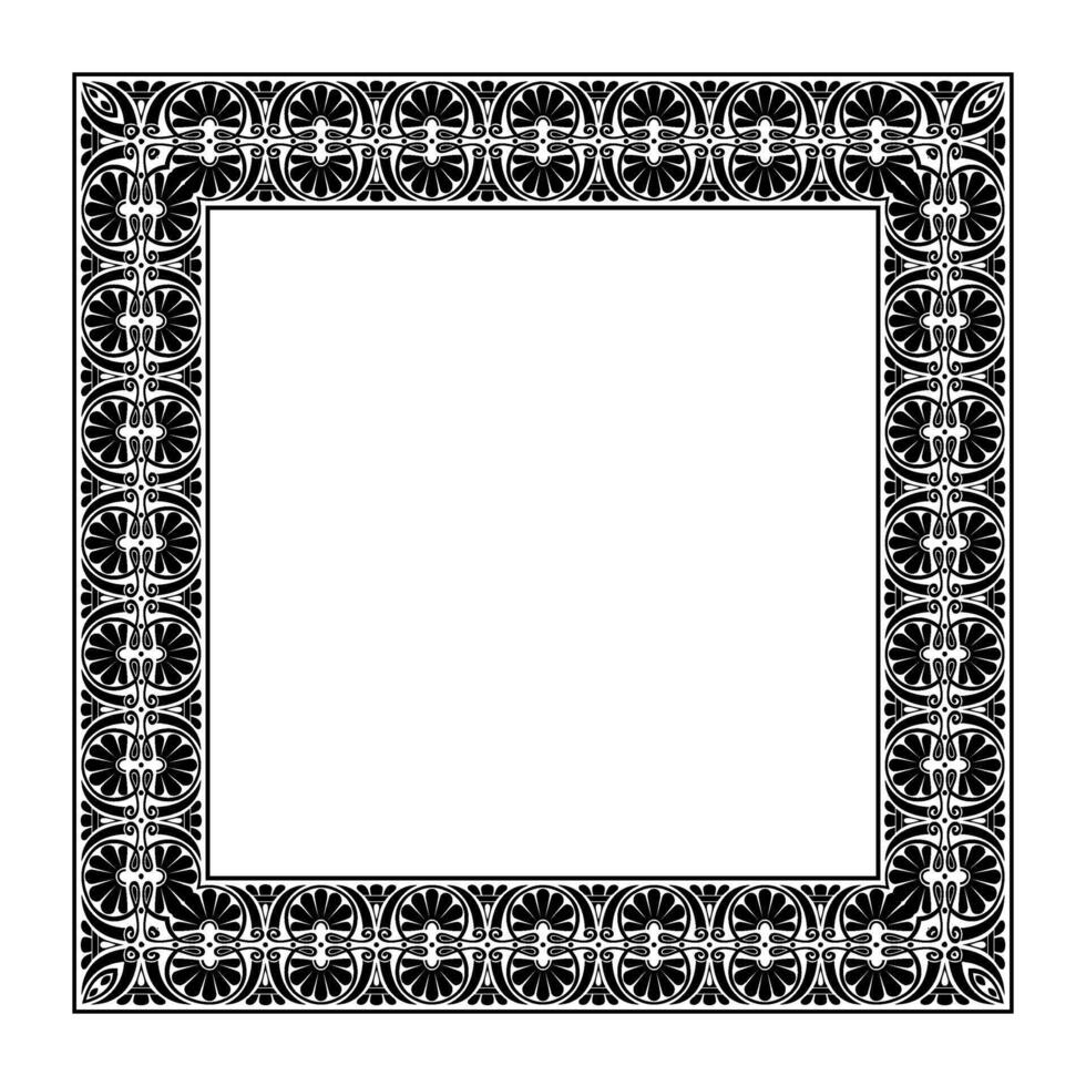 Beautiful Greek Black and white square frame arabesque. Plate with lace design. Vintage, ethnic frame with arabesques. Pattern frame for square surfaces, textiles, embroidery, porcelain. vector