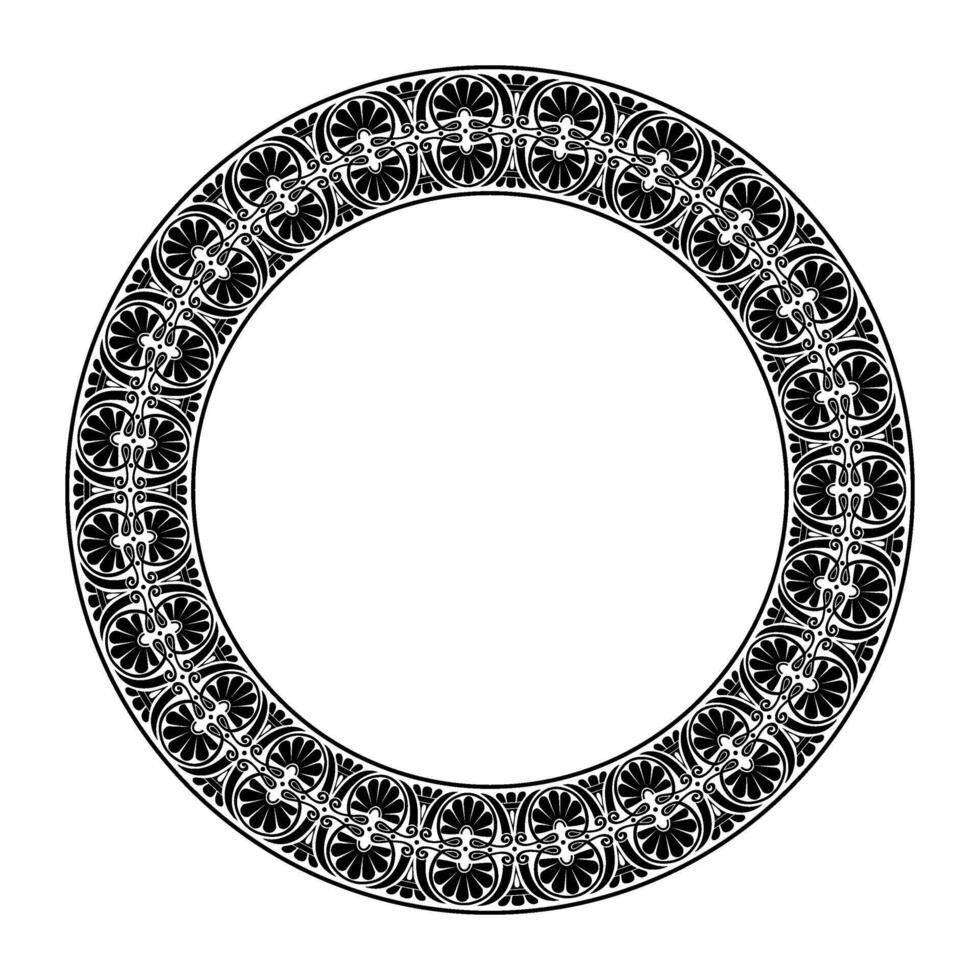 Beautiful Greek Black and white round frame arabesque. Plate with lace design. Vintage, ethnic frame with arabesques. Pattern frame for round surfaces, textiles, embroidery, porcelain. vector