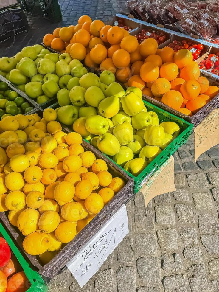 Citrus Fruits and Apples at Outdoor Market, Colorful Produce, Healthy Food. High quality photo