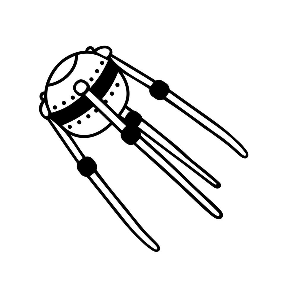 Artificial orbital satellite icon. Hand drawn flying space object. Spherical device for studying planets, galaxy, universe. Black and white sketch, isolated doodle clipart. Symbol of astronomy vector