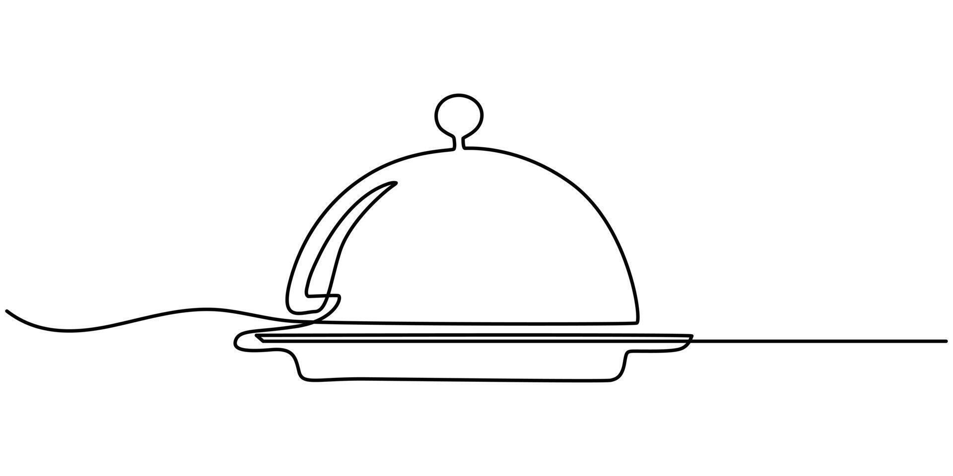continuous one line drawing waiter with tray closed lid restaurant concept vector