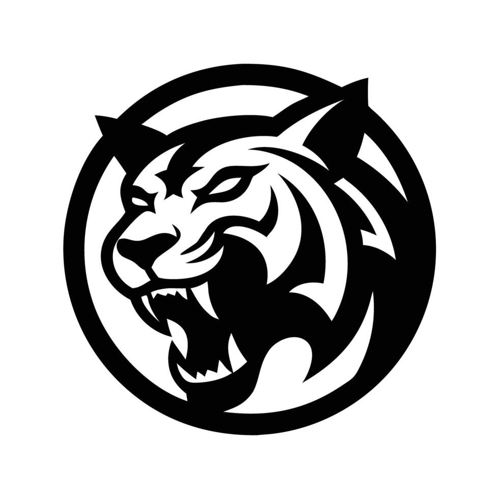 Bold black and white logo featuring a roaring tiger head within a circular frame. Perfect for sports teams, brands, and more. vector