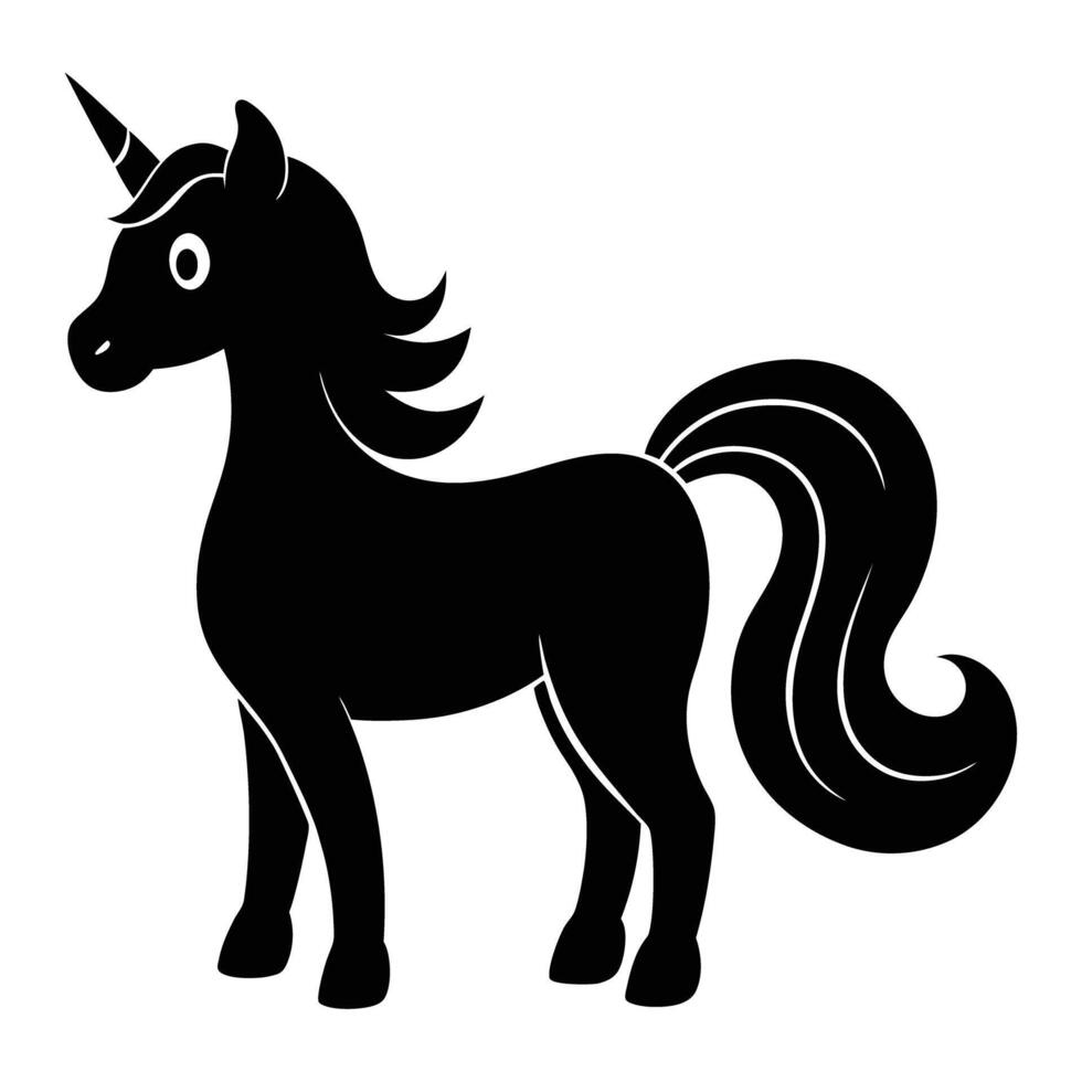 Simple black silhouette illustration of a cute unicorn, perfect for various designs and projects. Downloadable for free. vector