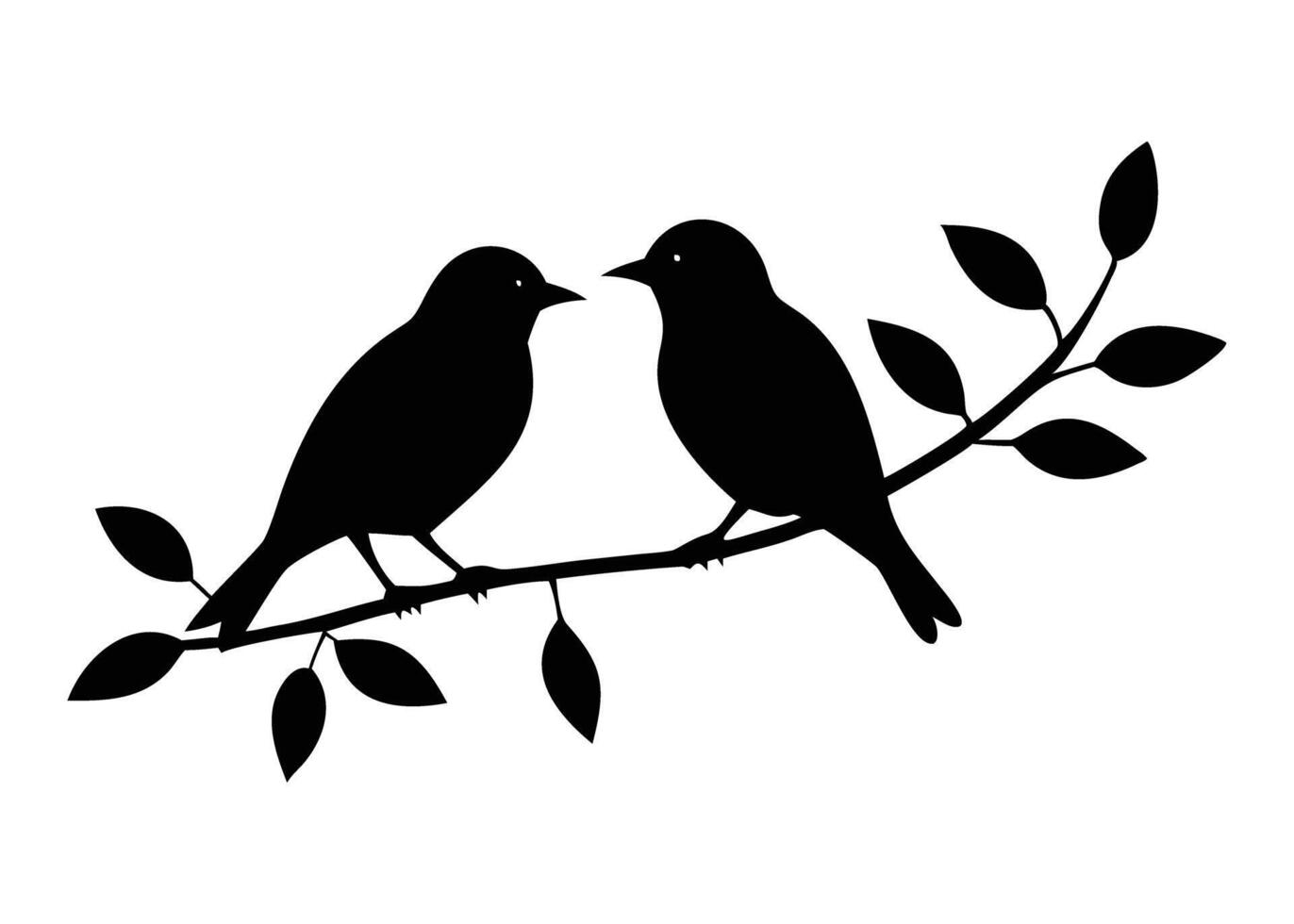 Romantic black silhouette of two birds perched on a leafy branch, perfect for wedding invitations, wall art, or home decor. vector