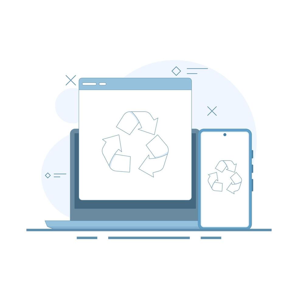E-waste recycling concept. Triangle shaped recycling icon on smartphone laptop screen. E-Waste Recycling and Management. Flat cartoon design illustration on background. vector