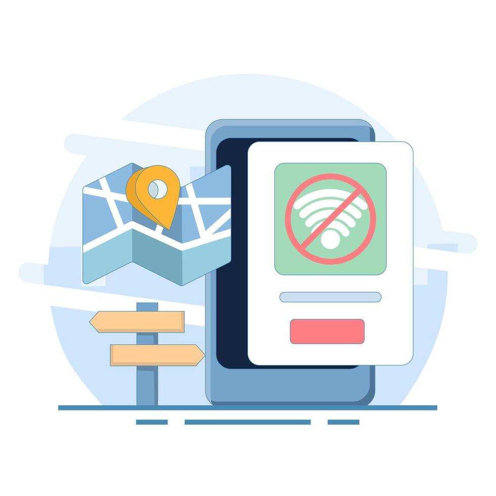 Wifi connection lost concept, no internet access found. Connection lost on smartphone screen. Wireless connectivity lost. Wifi connection error. No network signal. Flat design illustration. vector