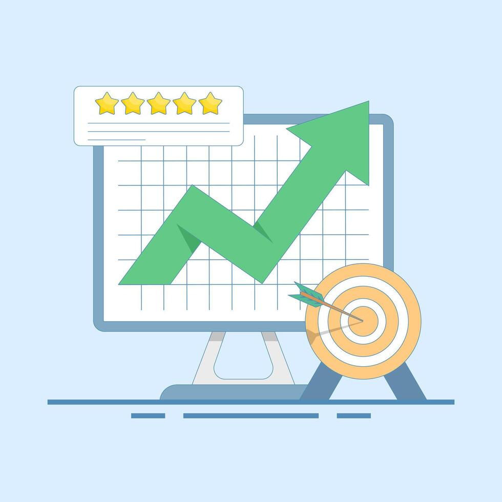 Reputation Marketing Concept. Computer with Target Arrow and Rating Stars. expert stars, excellence or great service, professional quality and good reputation, or best rating. flat design. vector