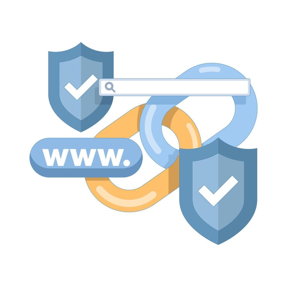 secure link concept. protection from unsafe website addresses. security, connection, secure privacy with chain and shield and search bar. symbol or icon. minimalist cartoon design illustration. vector