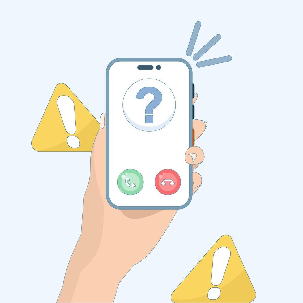 unknown call concept. smartphone with screen showing phone call from unknown number. symbol or icon. technology, information, notification or warning. minimalist illustration. vector