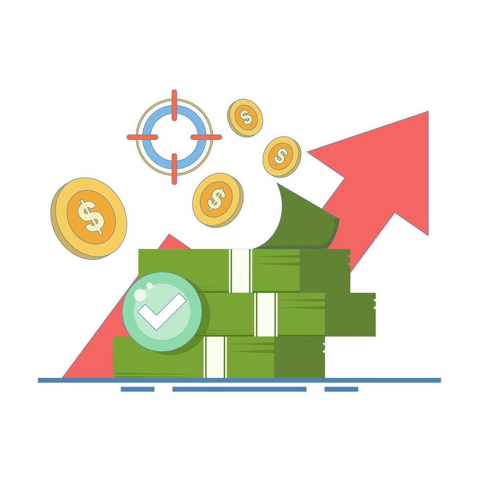 Financial success and goal achievement concept. Stacks of money, uptrend chart and checkmarks. business growth, investment success, savings and financial milestones. flat design illustration vector