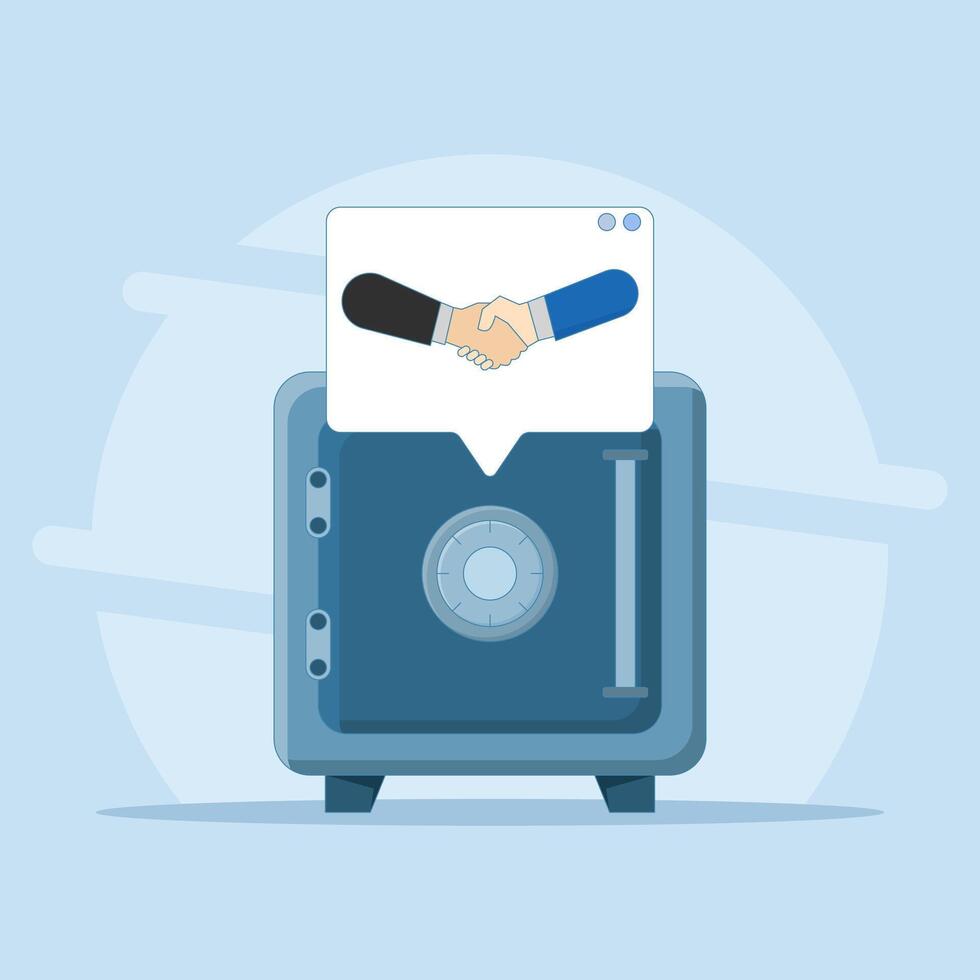Financial security concept, safe and handshake. Escrow account or secure joint account for safe transactions. Trust agreement, partnership, online payment or business. Flat design illustration. vector
