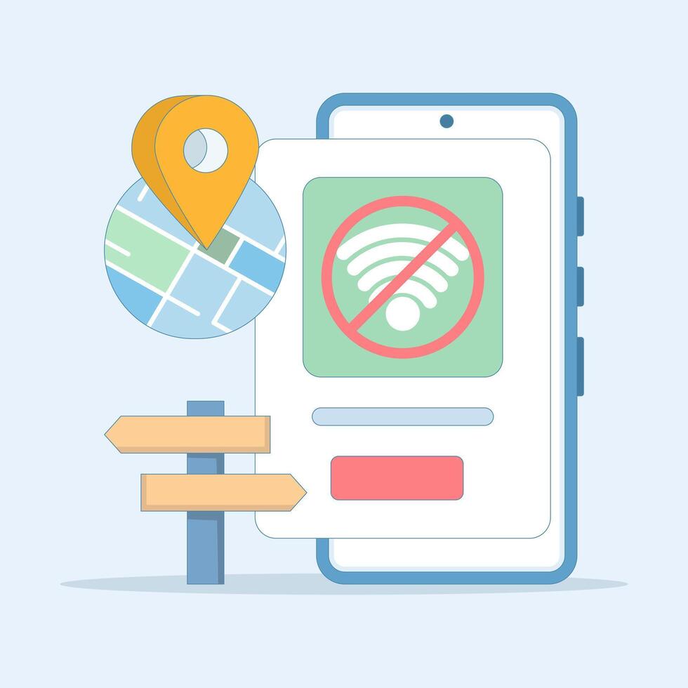 Wifi connection lost concept, no internet access found. Connection lost on smartphone screen. Wireless connectivity lost. Wifi connection error. No network signal. Flat cartoon design illustration. vector