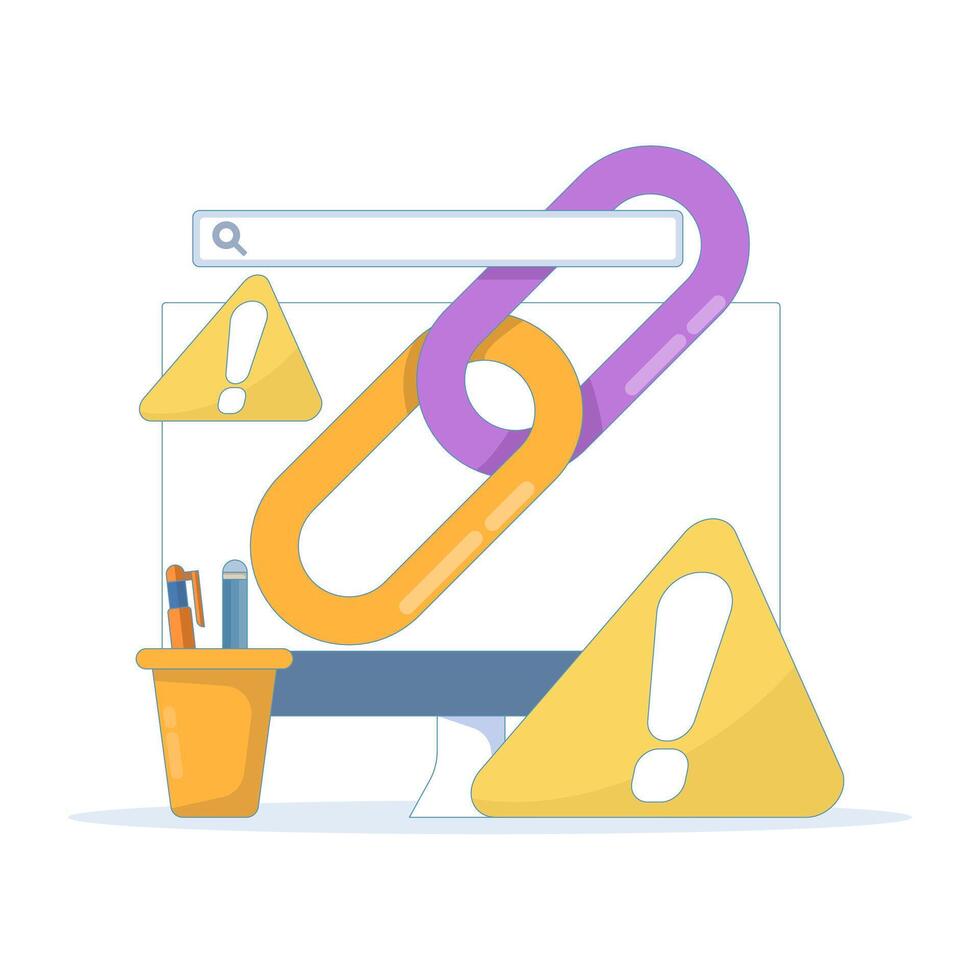 dangerous and suspicious link concept. warning notification if website address is not safe. warning sign with chain and search field. illustration of minimalist symbol or icon design. vector