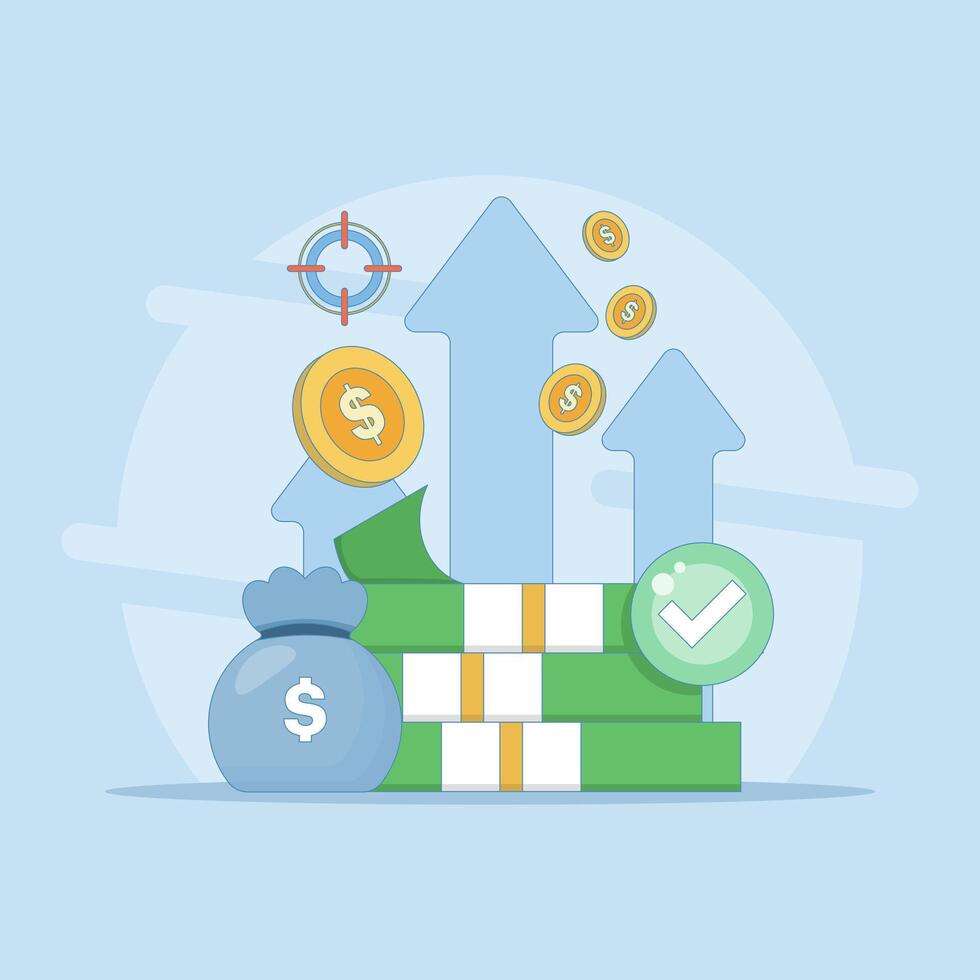 Financial success and goal achievement concept. Stacks of money, uptrend chart and checkmarks. business growth, investment success, savings and financial milestones. vector