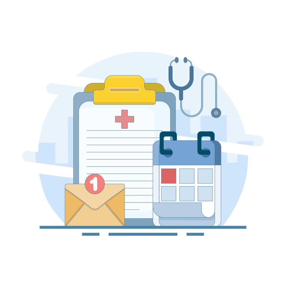 Medical appointment concept. Clipboard calendar, stethoscope, email notification. Selecting available dates to visit a doctor. Doctor appointment scheduling. Flat design illustration background. vector