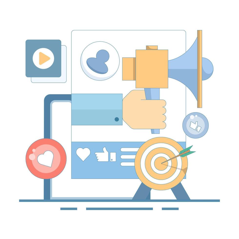 Digital Marketing Concept. Mobile Phone with Handheld Megaphone and React. Online advertising and promotion campaigns in mobile applications, advertising content on social networks. Flat Design. vector