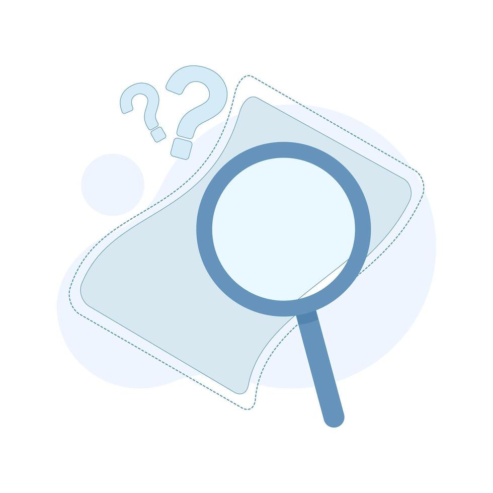 Concept of not found file, magnifying glass examining document sheet, symbolizing lost data, or unsuccessful search result. Flat cartoon design illustration on background. vector