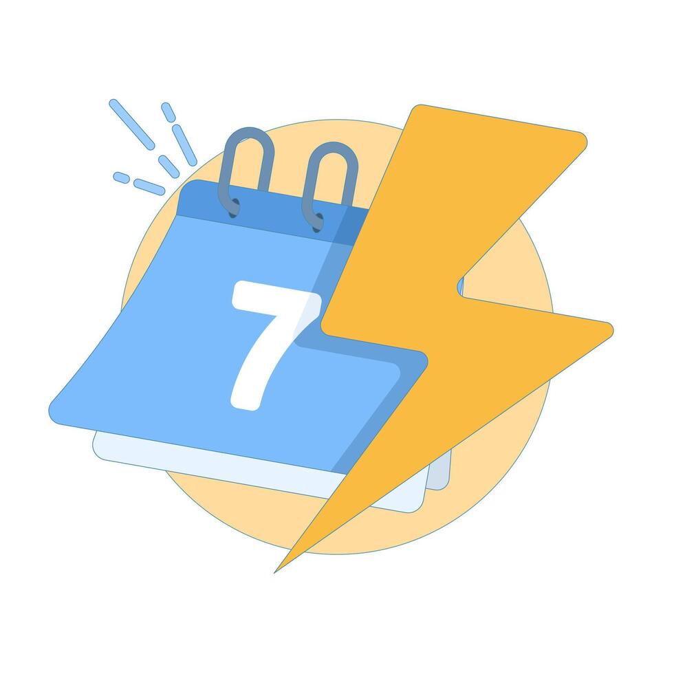 Special week offer concept. Calendar with number seven and lightning, 7 days flash sale, limited time discount. Perfect for marketing campaign. Flat design illustration on background. vector