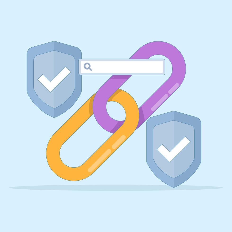 secure link concept. protection from unsafe website addresses. security, connection, secure privacy with chain and shield and search field. symbol or icon. minimalist style design illustration. vector