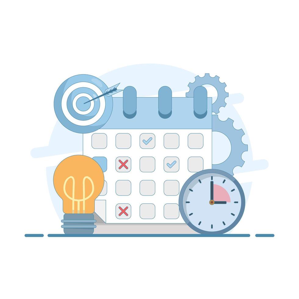 Time Optimization Concept. Calendar with Clock and Target Arrow. Deadline, Big Timer. Time Management. Flat Design Illustration on the background. vector