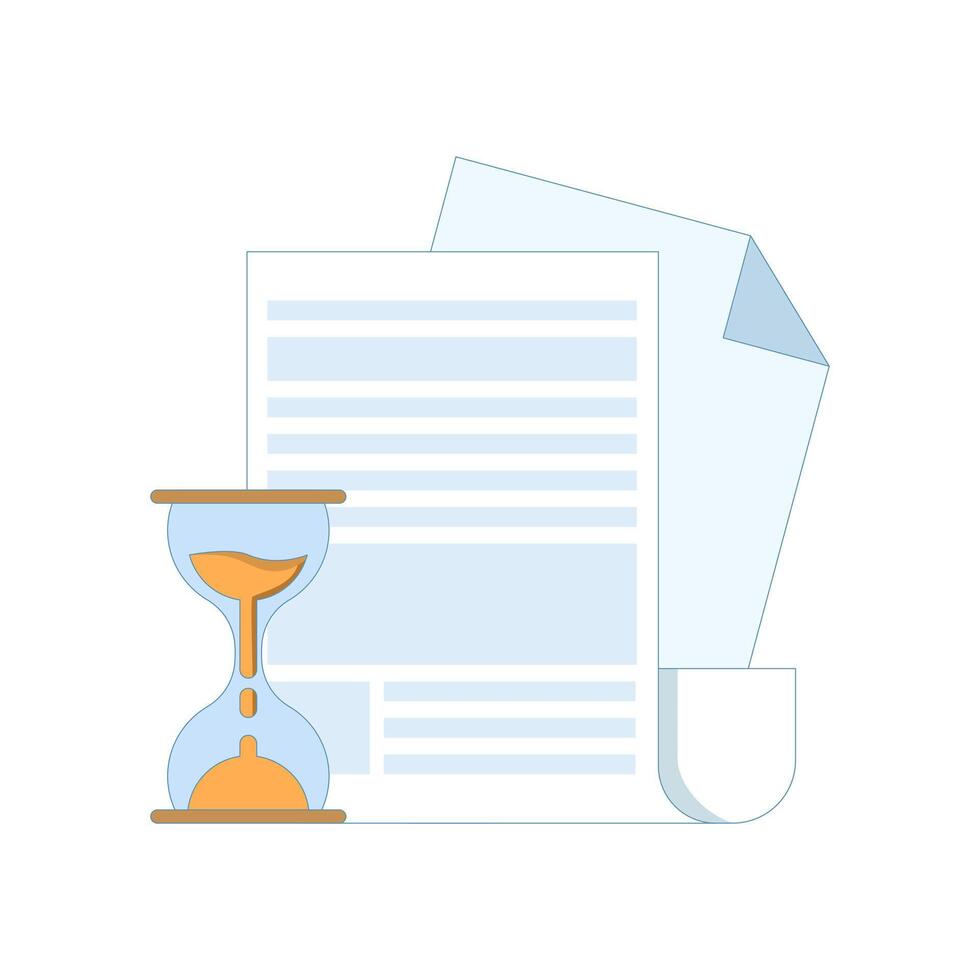 concept of document in progress. paper document with hourglass symbol, representing a file or document in progress, under review, or awaiting approval. flat design illustration in the background. vector