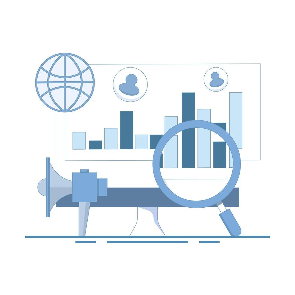 Visitor traffic concept organizes statistics graphs, user engagement and conversion rates, tracking site traffic. Globe laptop monitor focus with visits graph, flat design illustration. vector