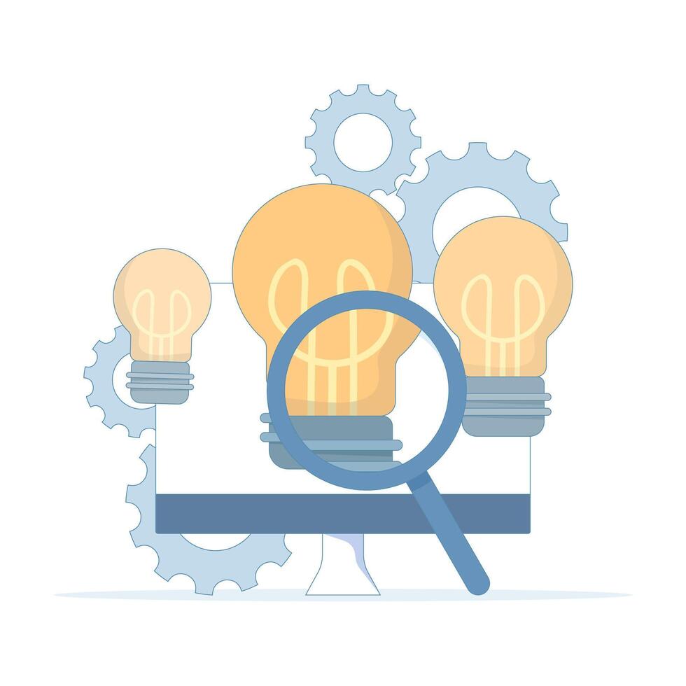 concept of seeking inspiration. finding and exploring creative ideas, solutions, innovation. research and exploration. finding solutions. magnifying glass with light. flat cartoon design illustration. vector