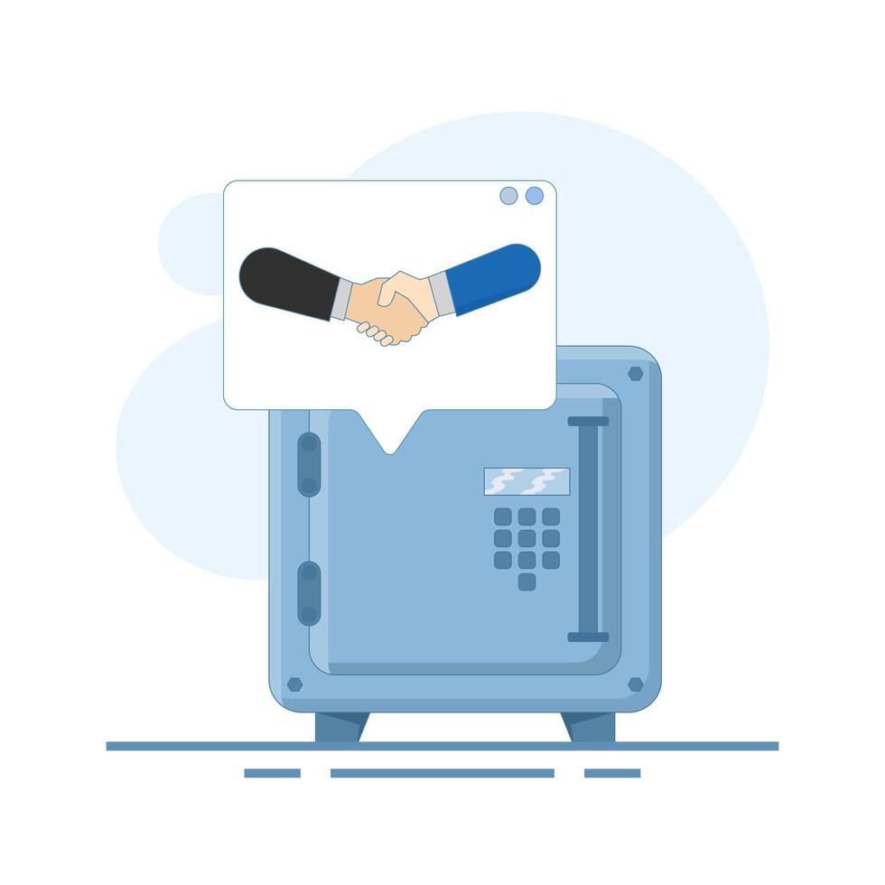 Financial security concept, safe and handshake. Escrow account or secure joint account for safe transactions. Trust agreement, partnership, online payment or business. Flat illustration. vector