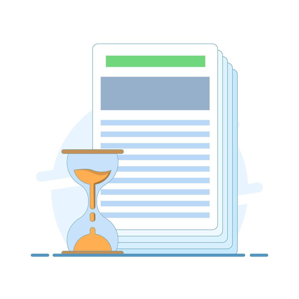 concept of document in progress. paper document with hourglass symbol, representing a file or document in progress, under review, or awaiting approval. flat design illustration. vector