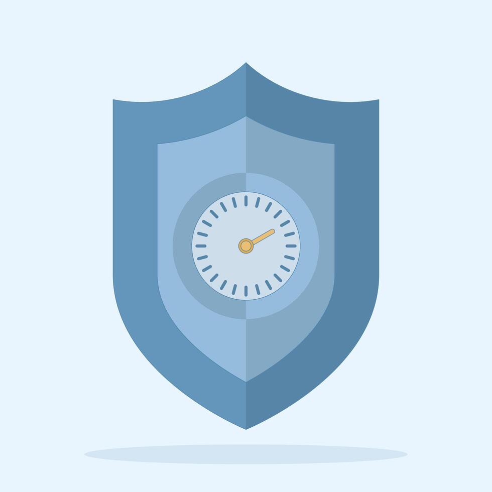 Time efficiency concept, shield with stopwatch, protection, punctuality guarantee, on time guarantee. for time management concept, deadline security and on time service. Flat design illustration. vector