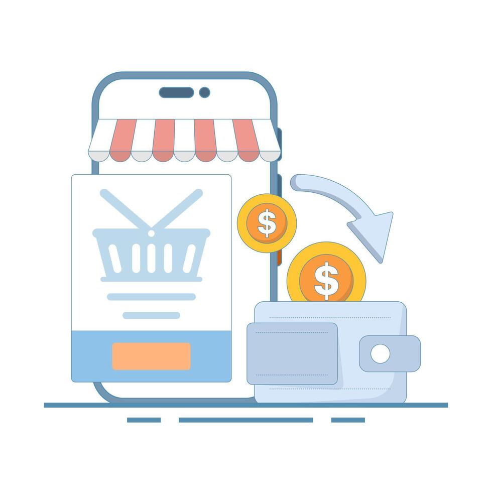 Cashback Service Concept. Mobile Phone with Wallet and Coins. Cash back or money back with smart phone. Money saving. Cash back, financial saving. Loyalty program. Illustration Design. vector