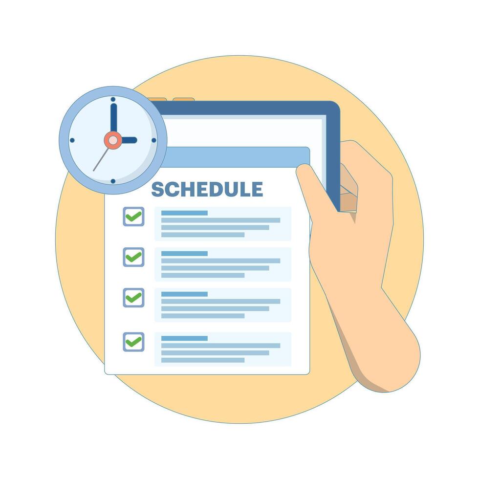 Scheduled Appointment Concept. Tablet with Schedule and Clock. Business graphic design for scheduling tasks in a week. Create schedule online. Flat Cartoon Design Illustration on Background. vector
