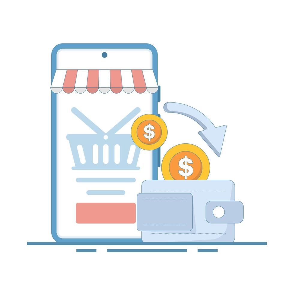 Cashback Service Concept. Mobile Phone with Wallet and Coins. Cash back or money back with smart phone. Money saving. Cash back, financial saving. Loyalty program. Flat Illustration Design. vector