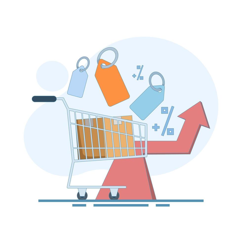 The concept of inflation or rising prices. The design features price tags, a shopping cart, and an upward-pointing arrow, symbolizing rising costs and economic trends. Flat illustration. vector