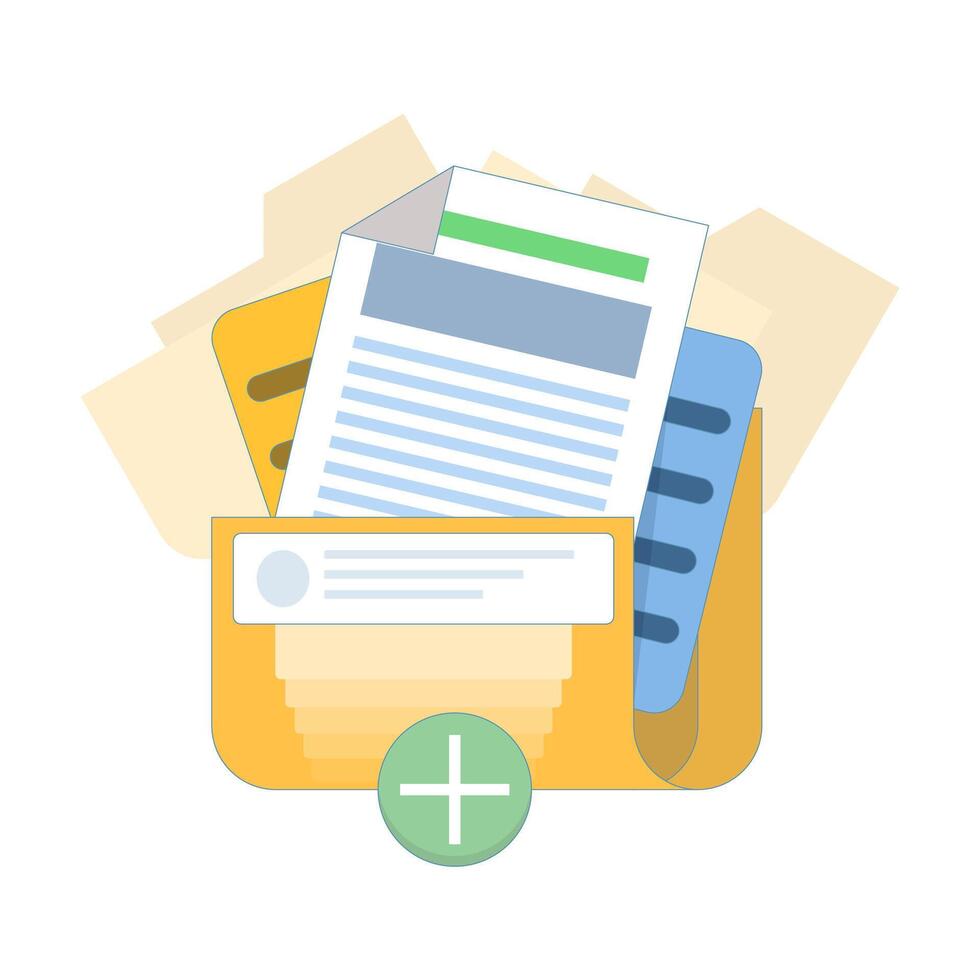 digital storage concept, multiple file folders with documents in them, well-organized file management system. document organization, cloud computing, and easy access. flat cartoon design illustration. vector