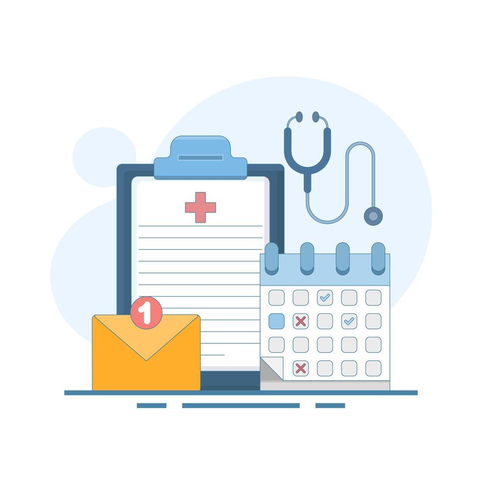 Medical appointment concept. Clipboard calendar, stethoscope, email notification. Selecting available dates to visit a doctor. Scheduling a doctor's appointment. Background design illustration. vector