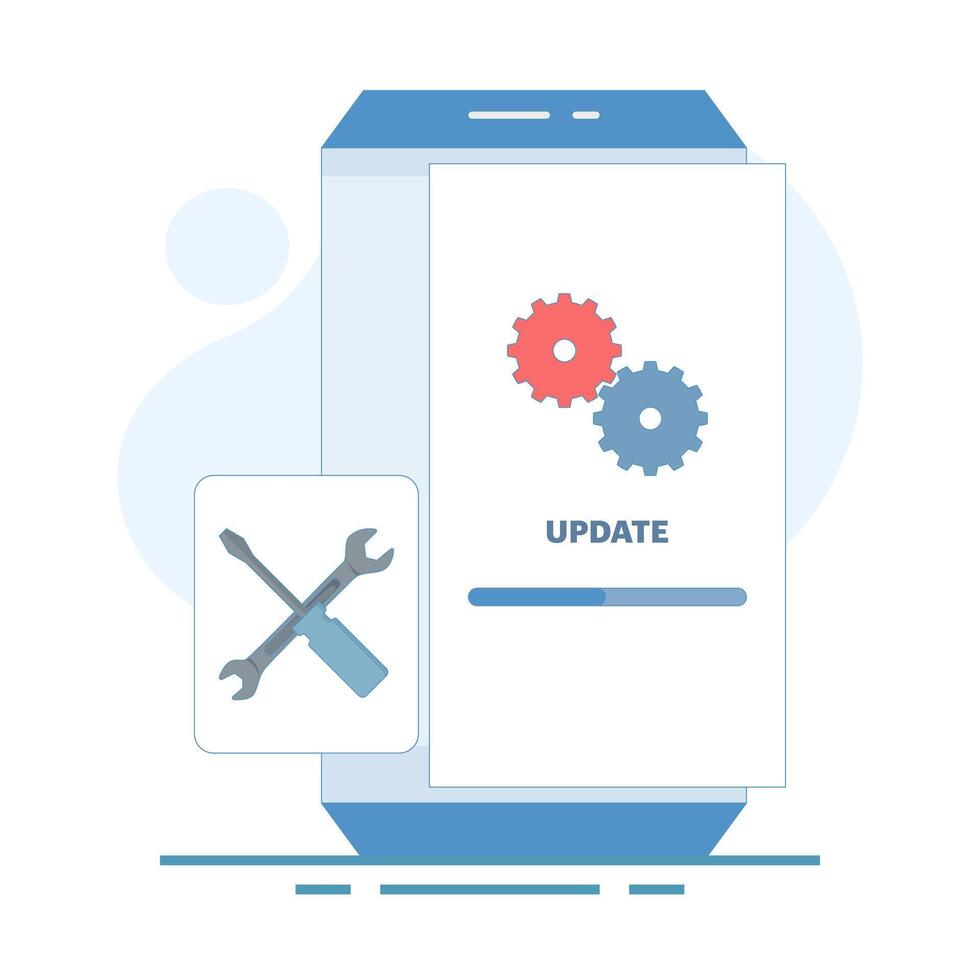 Repair and update concept, System software update, data update, loading update process on smartphone screen screwdriver key. flat cartoon design illustration isolated background. vector
