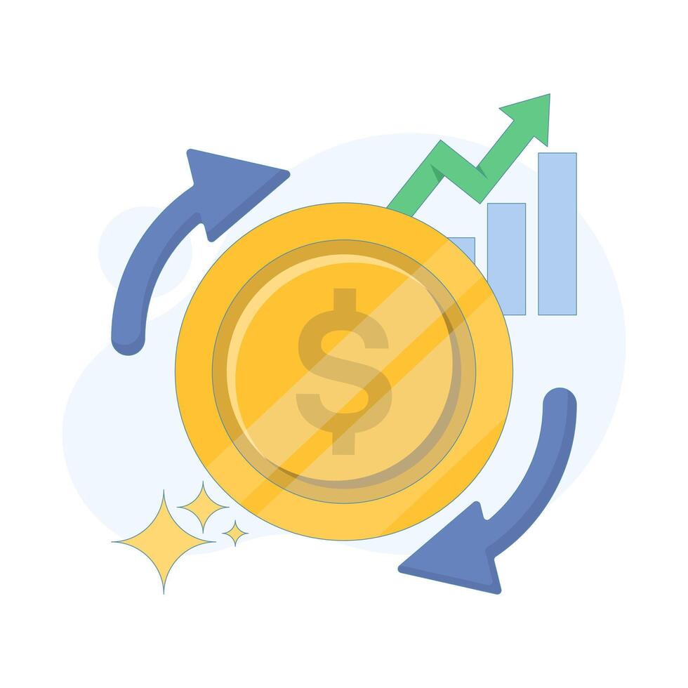 Business investment concept, depicting reinvestment. dollar coins, circular arrows, and upward graph. for finance topics, profit growth strategies, and economic analysis. flat design illustration vector