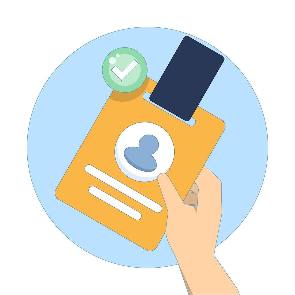 Identity card concept. Identity card with check mark icon. Stored information or stay logged in function. Perfect for easy to use app interfaces and account management features. Flat illustration. vector