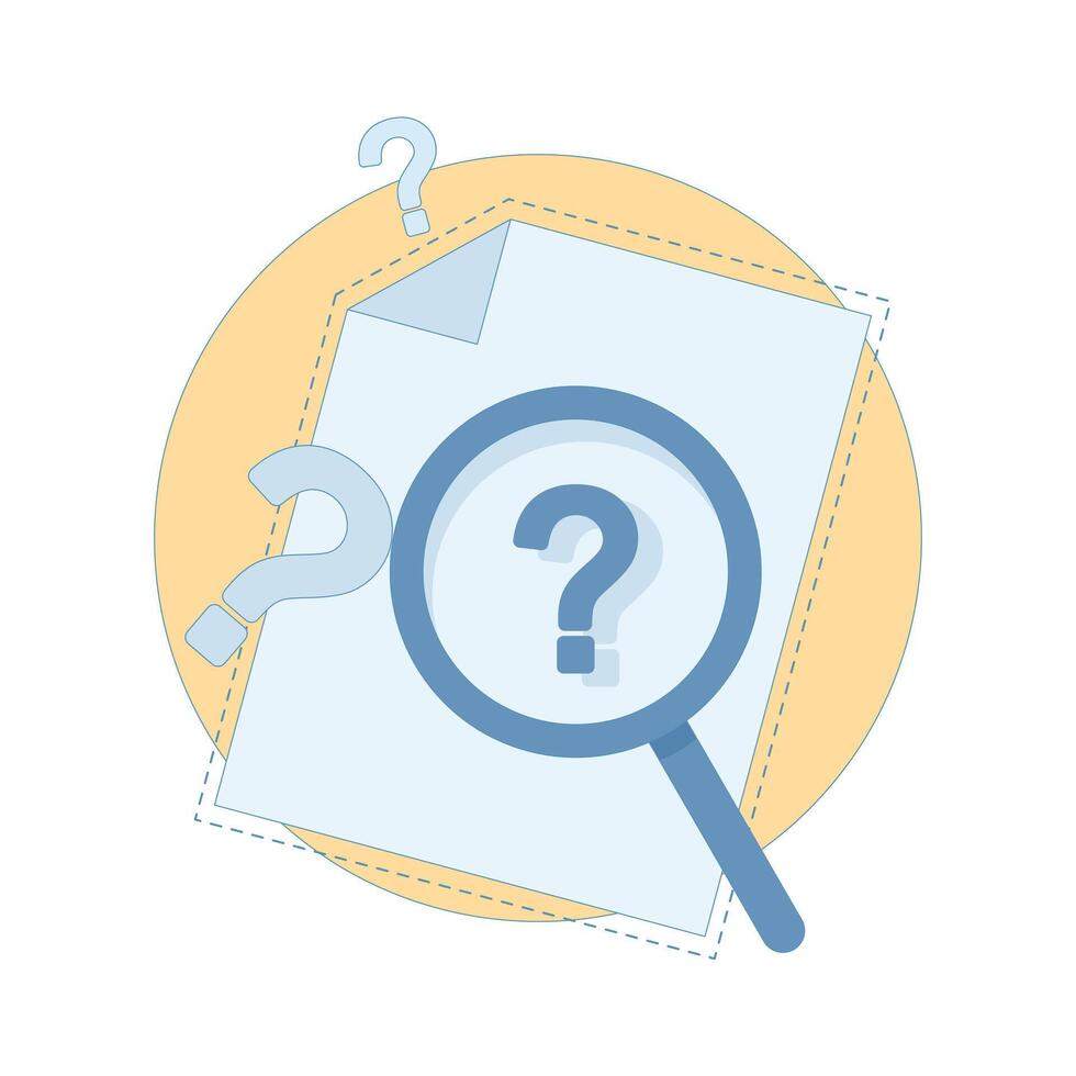 Concept of not found file, magnifying glass examining document sheet, symbolizing lost data, or unsuccessful search result. Flat design illustration on background. vector