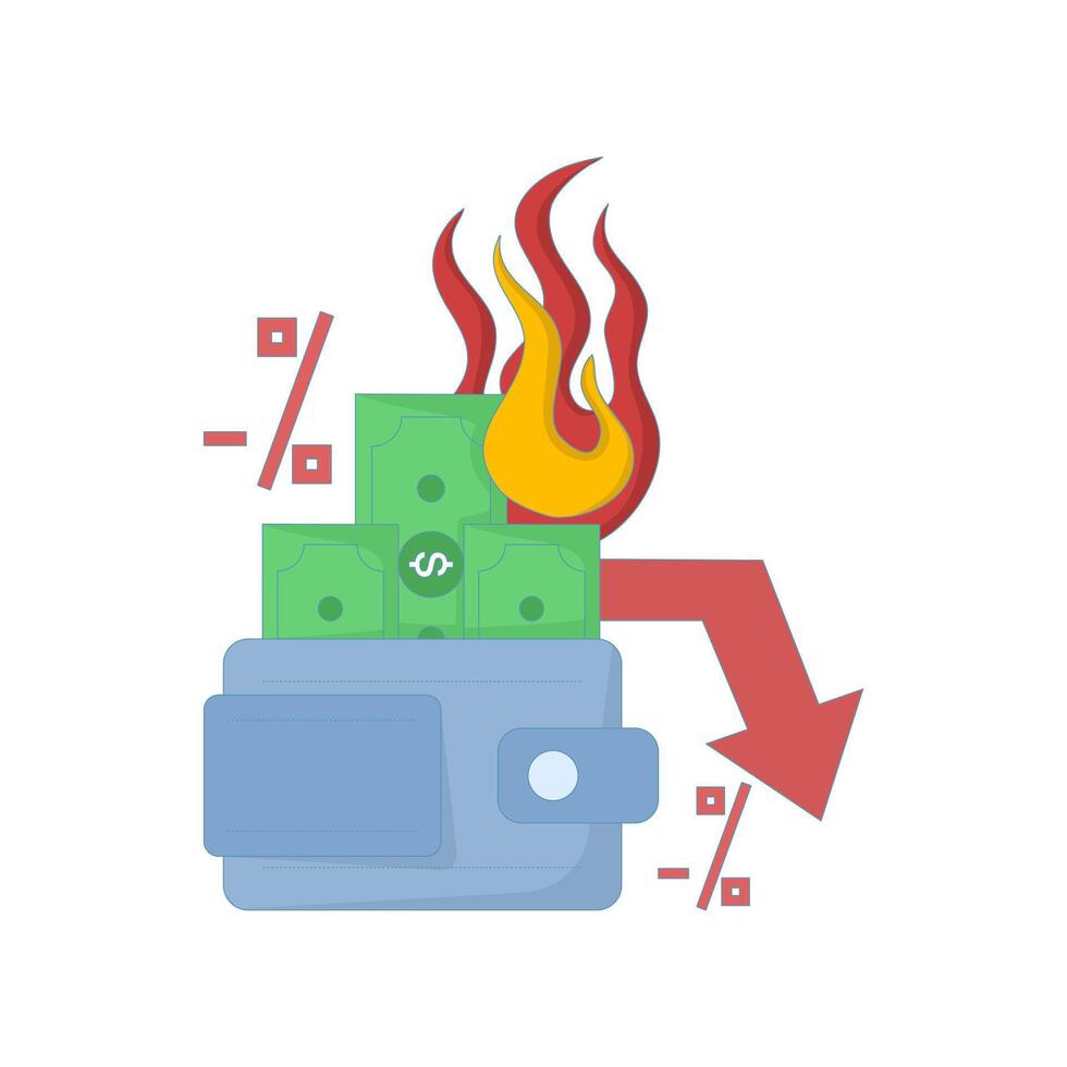 Economic crisis concept, dollar bill burning with minus percent symbol. concept of financial loss, inflation, currency devaluation or failed investment. flat cartoon design illustration. vector