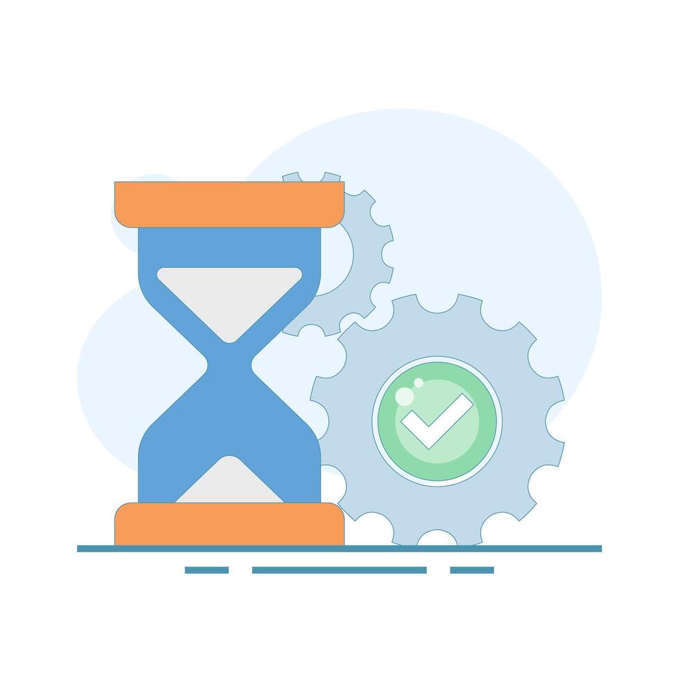 Efficient Process Concept with gears, hourglass and checkmarks. Time management and successful task completion. Ideal for themes related to workflow optimization or project management. vector