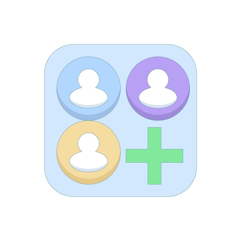 ability to create groups or add new members on web or mobile app. multiple user profile icons with plus signs. community building, social connections, team collaboration. Flat cartoon illustration vector
