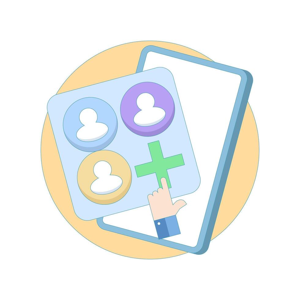 ability to create groups or add new members on web or mobile app. multiple user profile icons with plus signs. community building, social connections, team collaboration. Flat design illustration vector