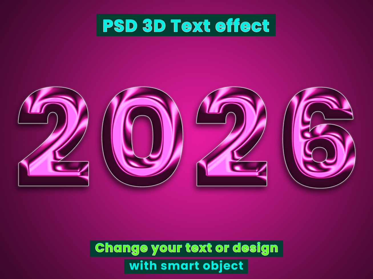 2026 Bold typography festival glow 3d text effect mockup with editable glowing gradient and 3d text mock up style psd
