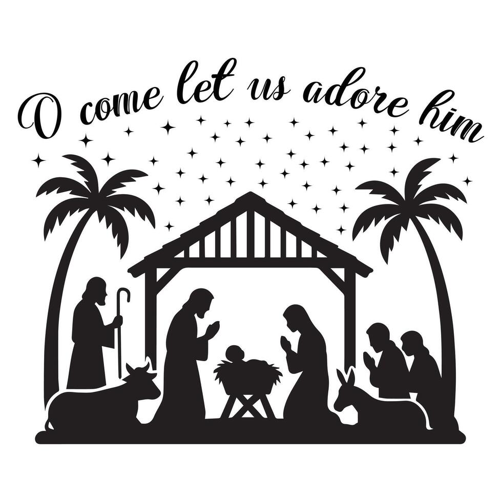 Peaceful Manger Scene on Christian Christmas Shirt vector
