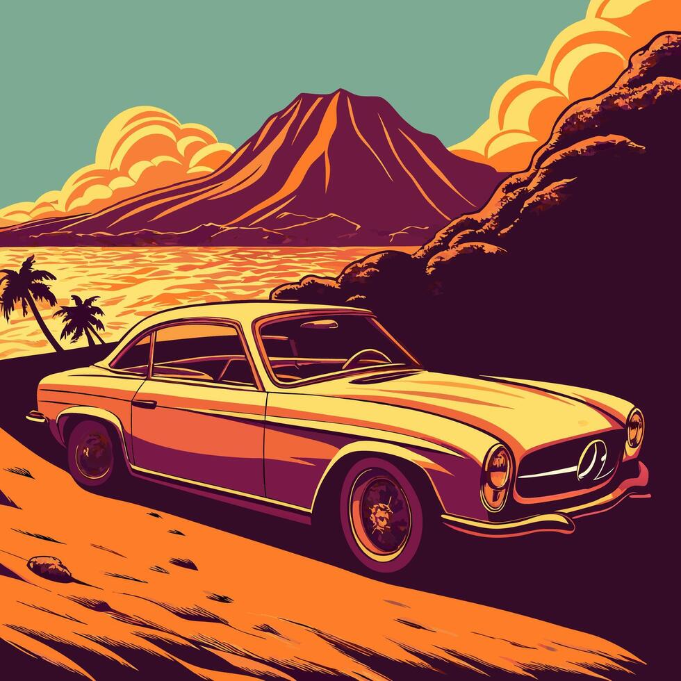 Vintage Car by Tropical Beach vector