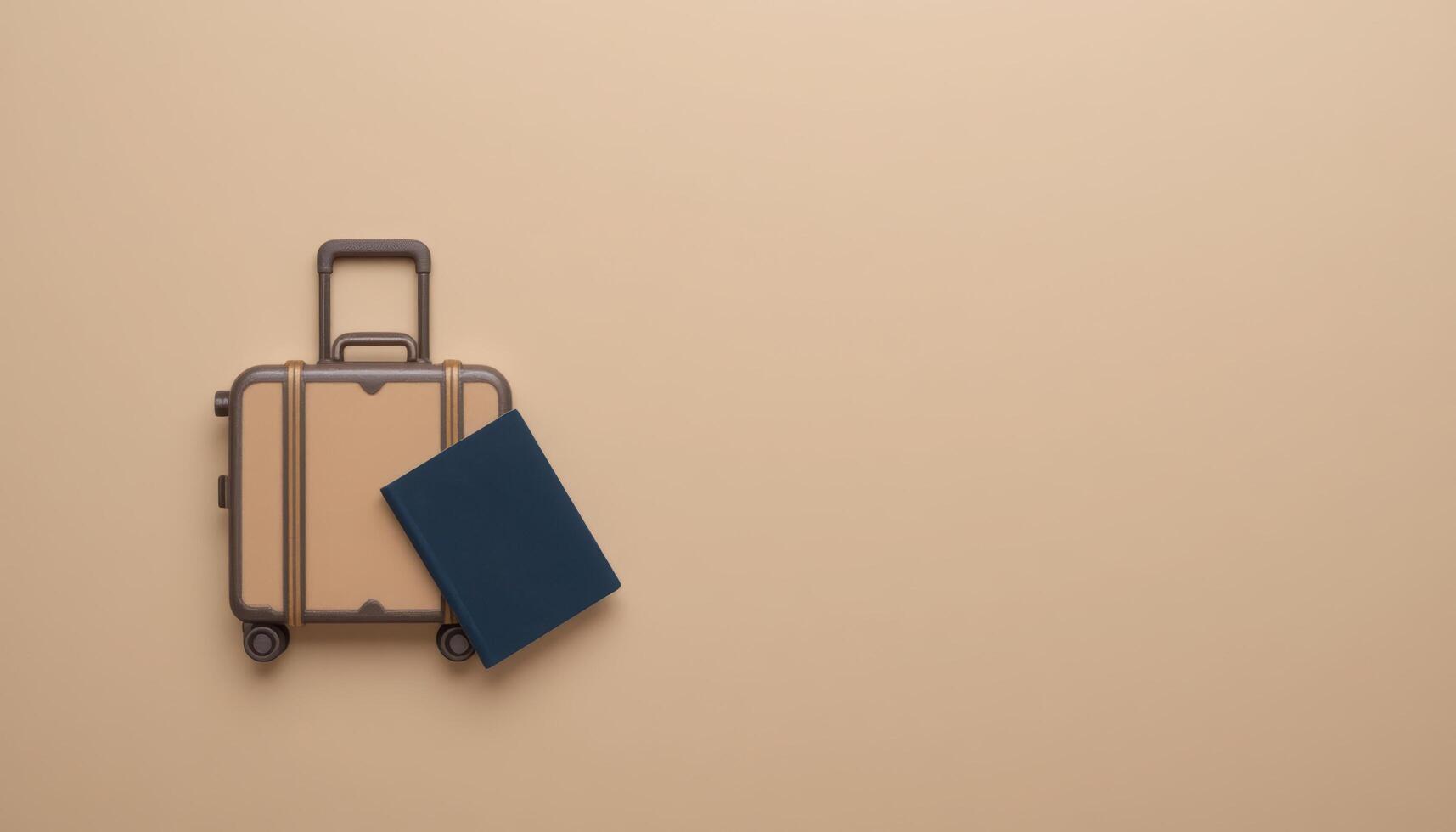 Stylish Travel Suitcase and Passport on Beige Background photo