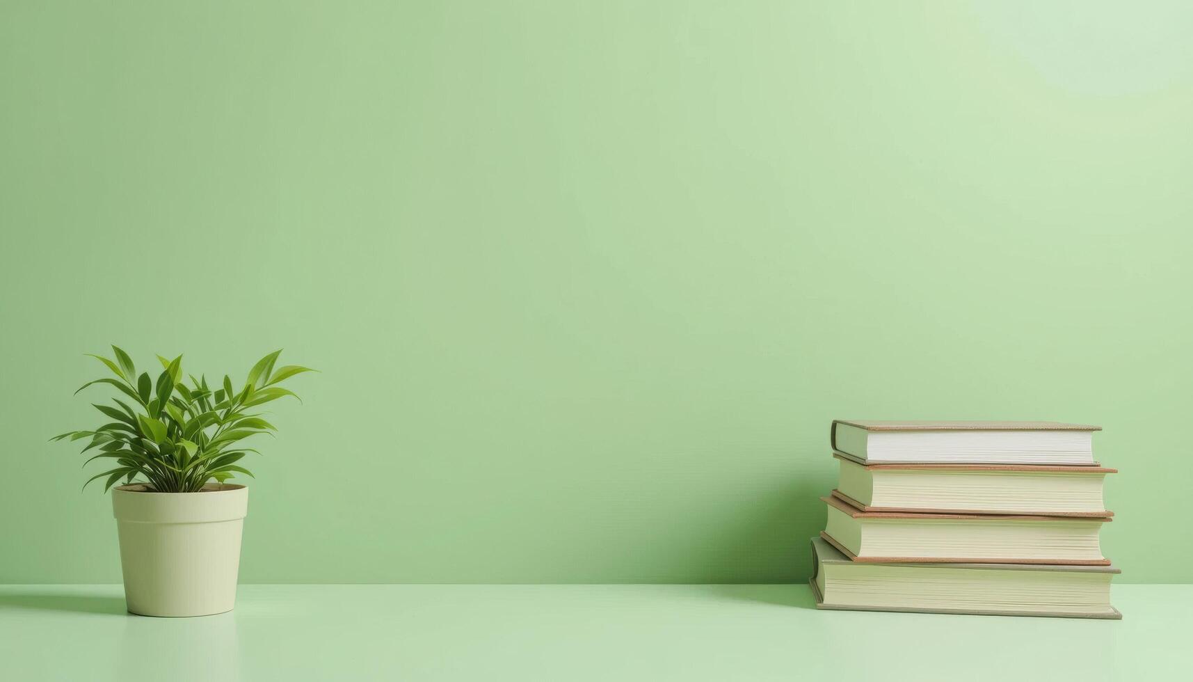 Green Minimalist Background with Books and Potted Plant Decor photo
