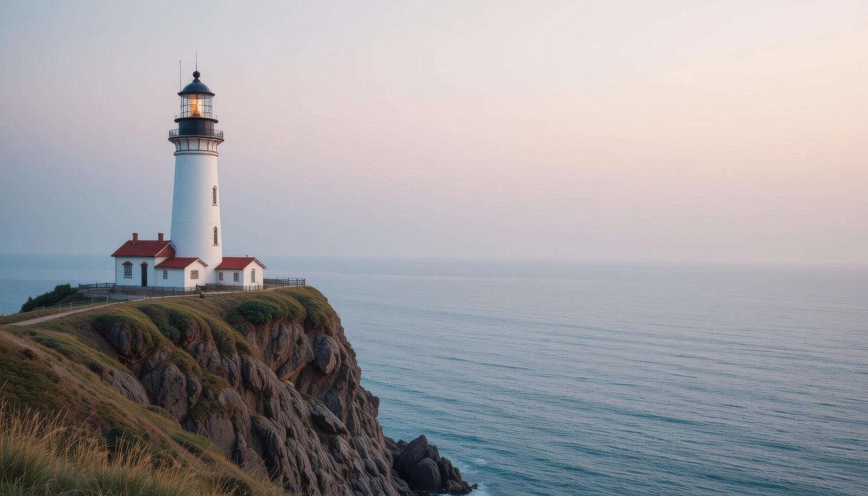 Scenic Lighthouse on Rugged Cliff Overlooking Calm Ocean Waters photo